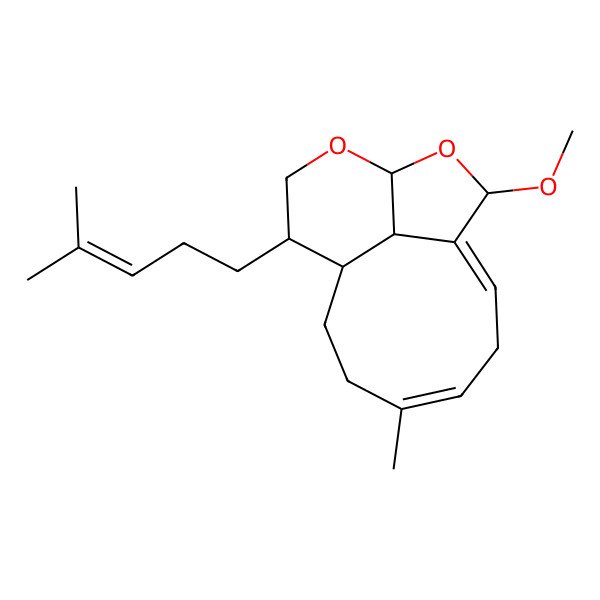 2D Structure of (1E,4R,7R,8S,11E,15S)-2-methoxy-11-methyl-7-(4-methylpent-3-enyl)-3,5-dioxatricyclo[6.6.1.04,15]pentadeca-1(14),11-diene