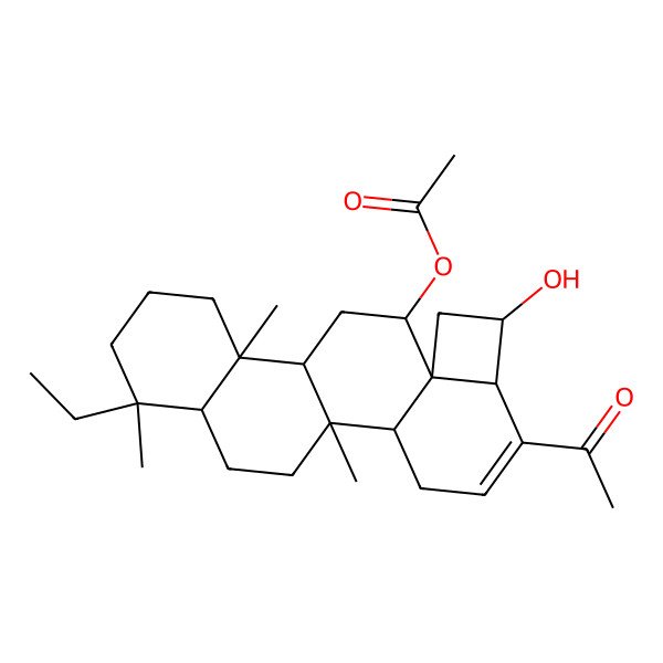 2D Structure of (5-Acetyl-17-ethyl-7-hydroxy-1,13,17-trimethyl-10-pentacyclo[10.8.0.02,9.06,9.013,18]icos-4-enyl) acetate