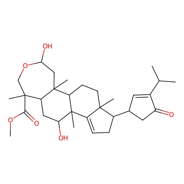 2D Structure of methyl (1S,2S,4R,7S,8S,10S,11S,15R,16R)-4,10-dihydroxy-2,7,11,16-tetramethyl-15-[(1S)-4-oxo-3-propan-2-ylcyclopent-2-en-1-yl]-5-oxatetracyclo[9.7.0.02,8.012,16]octadec-12-ene-7-carboxylate