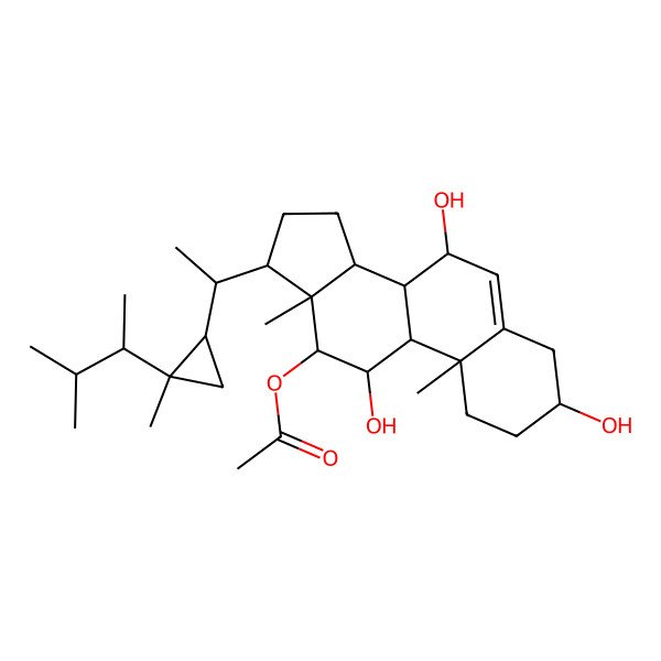 2D Structure of [(3S,7S,8S,9S,10R,11S,12S,13R,14S,17R)-3,7,11-trihydroxy-10,13-dimethyl-17-[(1R)-1-[(1R,2R)-2-methyl-2-[(2R)-3-methylbutan-2-yl]cyclopropyl]ethyl]-2,3,4,7,8,9,11,12,14,15,16,17-dodecahydro-1H-cyclopenta[a]phenanthren-12-yl] acetate