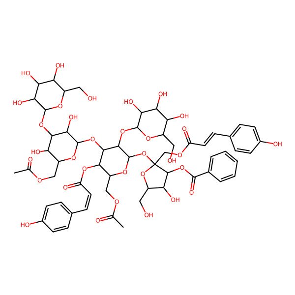 2D Structure of [(2S,3S,4R,5R)-2-[(2R,3R,4S,5R,6R)-6-(acetyloxymethyl)-4-[(2S,3R,4S,5R,6R)-6-(acetyloxymethyl)-3,5-dihydroxy-4-[(2S,3R,4S,5S,6R)-3,4,5-trihydroxy-6-(hydroxymethyl)oxan-2-yl]oxyoxan-2-yl]oxy-5-[(E)-3-(4-hydroxyphenyl)prop-2-enoyl]oxy-3-[(2S,3R,4S,5S,6R)-3,4,5-trihydroxy-6-(hydroxymethyl)oxan-2-yl]oxyoxan-2-yl]oxy-4-hydroxy-5-(hydroxymethyl)-2-[[(E)-3-(4-hydroxyphenyl)prop-2-enoyl]oxymethyl]oxolan-3-yl] benzoate