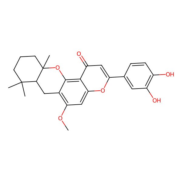 2D Structure of (7aR,11aS)-3-(3,4-dihydroxyphenyl)-6-methoxy-8,8,11a-trimethyl-7a,9,10,11-tetrahydro-7H-pyrano[2,3-c]xanthen-1-one