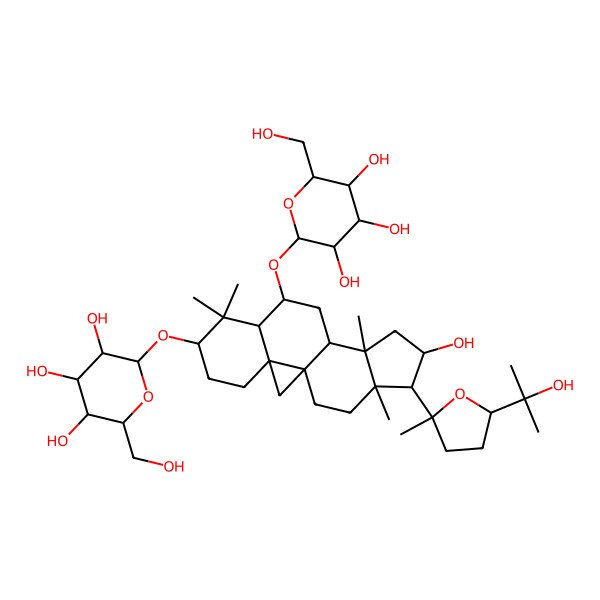2D Structure of 2-[[14-Hydroxy-15-[5-(2-hydroxypropan-2-yl)-2-methyloxolan-2-yl]-7,7,12,16-tetramethyl-9-[3,4,5-trihydroxy-6-(hydroxymethyl)oxan-2-yl]oxy-6-pentacyclo[9.7.0.01,3.03,8.012,16]octadecanyl]oxy]-6-(hydroxymethyl)oxane-3,4,5-triol