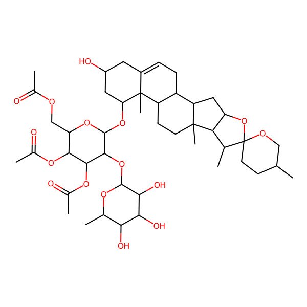 2D Structure of [(2R,3S,4S,5R,6R)-3,4-diacetyloxy-6-[(1R,2S,4S,5'R,6R,7S,8R,9S,12R,13R,14R,16R)-16-hydroxy-5',7,9,13-tetramethylspiro[5-oxapentacyclo[10.8.0.02,9.04,8.013,18]icos-18-ene-6,2'-oxane]-14-yl]oxy-5-[(2S,3R,4R,5R,6S)-3,4,5-trihydroxy-6-methyloxan-2-yl]oxyoxan-2-yl]methyl acetate