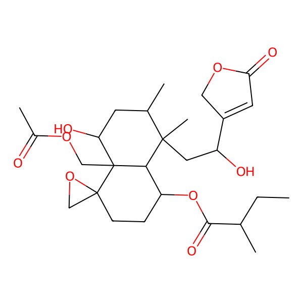 2D Structure of [(1R,4R,4aR,5S,7R,8S,8aR)-4a-(acetyloxymethyl)-5-hydroxy-8-[(2S)-2-hydroxy-2-(5-oxo-2H-furan-3-yl)ethyl]-7,8-dimethylspiro[2,3,5,6,7,8a-hexahydro-1H-naphthalene-4,2'-oxirane]-1-yl] (2S)-2-methylbutanoate