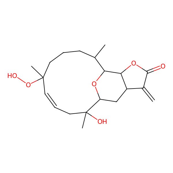2D Structure of (1R,2S,4E,6R,10S,11S,12S,16R)-6-hydroperoxy-2-hydroxy-2,6,10-trimethyl-15-methylidene-13,18-dioxatricyclo[9.6.1.012,16]octadec-4-en-14-one