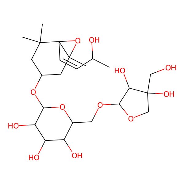 2D Structure of (2R,3S,4S,5R,6R)-2-[[(2R,3R,4R)-3,4-dihydroxy-4-(hydroxymethyl)oxolan-2-yl]oxymethyl]-6-[[(1R,3S,6S)-6-[(E,3S)-3-hydroxybut-1-enyl]-1,5,5-trimethyl-7-oxabicyclo[4.1.0]heptan-3-yl]oxy]oxane-3,4,5-triol