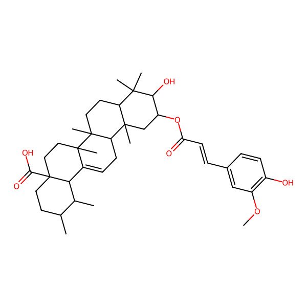 2D Structure of 10-hydroxy-11-[3-(4-hydroxy-3-methoxyphenyl)prop-2-enoyloxy]-1,2,6a,6b,9,9,12a-heptamethyl-2,3,4,5,6,6a,7,8,8a,10,11,12,13,14b-tetradecahydro-1H-picene-4a-carboxylic acid