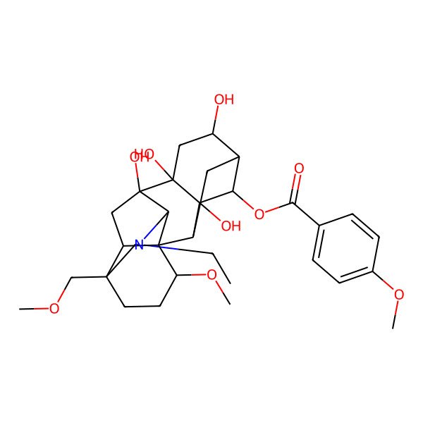 2D Structure of [(1R,2S,3S,4S,5R,6S,8S,9R,10S,13S,16S,17R)-11-ethyl-3,6,8,9-tetrahydroxy-16-methoxy-13-(methoxymethyl)-11-azahexacyclo[7.7.2.12,5.01,10.03,8.013,17]nonadecan-4-yl] 4-methoxybenzoate