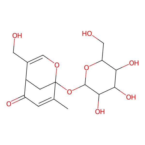 2D Structure of 4-(Hydroxymethyl)-8-methyl-1-[3,4,5-trihydroxy-6-(hydroxymethyl)oxan-2-yl]oxy-2-oxabicyclo[3.3.1]nona-3,7-dien-6-one