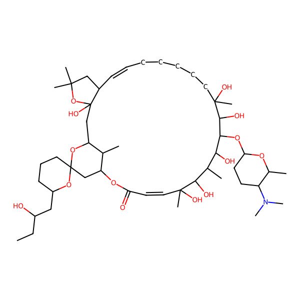2D Structure of (1S,3S,6'R,7S,8E,15R,16R,17S,18R,19R,20S,21R,22E,26S,28R,30R)-17-[5-(dimethylamino)-6-methyloxan-2-yl]oxy-3,15,16,18,20,21-hexahydroxy-6'-[(2R)-2-hydroxybutyl]-5,5,15,19,21,30-hexamethylspiro[4,25,29-trioxatricyclo[24.3.1.03,7]triaconta-8,22-diene-28,2'-oxane]-24-one