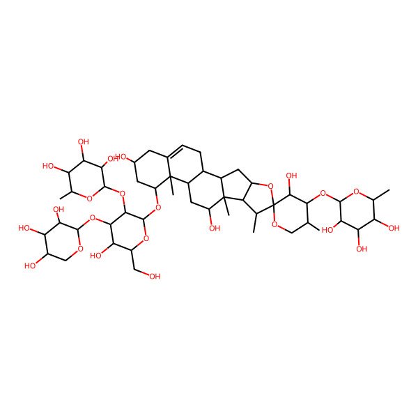 2D Structure of (1S,2S,3'S,4S,4'S,5'R,6S,7S,8R,9S,10R,12S,13R,14R,16R)-14-[(2R,3R,4S,5R,6R)-5-hydroxy-6-(hydroxymethyl)-3-[(2S,3R,4R,5R,6S)-3,4,5-trihydroxy-6-methyloxan-2-yl]oxy-4-[(2S,3R,4S,5R)-3,4,5-trihydroxyoxan-2-yl]oxyoxan-2-yl]oxy-5',7,9,13-tetramethyl-4'-[(2S,3R,4S,5R,6R)-3,4,5-trihydroxy-6-methyloxan-2-yl]oxyspiro[5-oxapentacyclo[10.8.0.02,9.04,8.013,18]icos-18-ene-6,2'-oxane]-3',10,16-triol