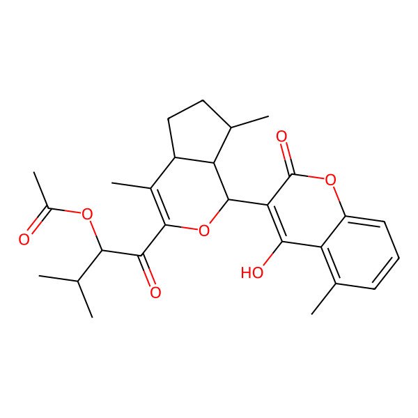 2D Structure of [1-[1-(4-Hydroxy-5-methyl-2-oxochromen-3-yl)-4,7-dimethyl-1,4a,5,6,7,7a-hexahydrocyclopenta[c]pyran-3-yl]-3-methyl-1-oxobutan-2-yl] acetate