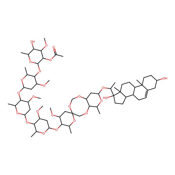 2D Structure of [2-[6-[6-[6-[9-[1-(3,17-Dihydroxy-10,13-dimethyl-1,2,3,4,7,8,9,11,12,14,15,16-dodecahydrocyclopenta[a]phenanthren-17-yl)ethoxy]-4'-methoxy-2',7-dimethylspiro[5,6a,7,9,10,10a-hexahydropyrano[4,3-d][1,3,6]trioxocine-4,6'-oxane]-3'-yl]oxy-4-methoxy-2-methyloxan-3-yl]oxy-4-methoxy-2-methyloxan-3-yl]oxy-4-methoxy-2-methyloxan-3-yl]oxy-5-hydroxy-4-methoxy-6-methyloxan-3-yl] acetate