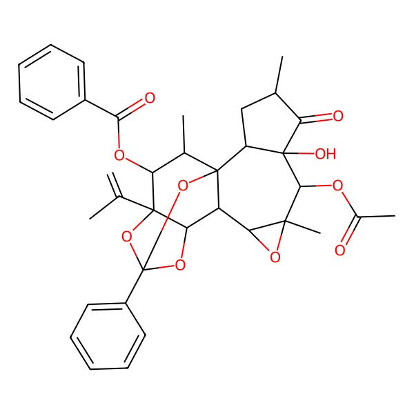 2D Structure of (7-Acetyloxy-6-hydroxy-4,8,18-trimethyl-5-oxo-14-phenyl-16-prop-1-en-2-yl-9,13,15,19-tetraoxahexacyclo[12.4.1.01,11.02,6.08,10.012,16]nonadecan-17-yl) benzoate