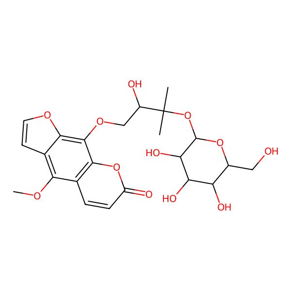 2D Structure of 9-[(2R)-2-hydroxy-3-methyl-3-[(2S,3R,4S,5S,6R)-3,4,5-trihydroxy-6-(hydroxymethyl)oxan-2-yl]oxybutoxy]-4-methoxyfuro[3,2-g]chromen-7-one