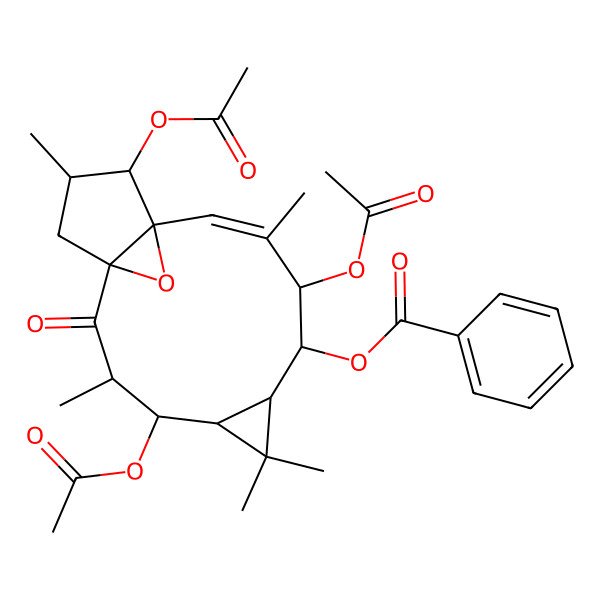 2D Structure of [(1R,3S,4S,5R,7S,8R,9R,10E,12S,13S,14S)-4,9,13-triacetyloxy-3,6,6,10,14-pentamethyl-2-oxo-16-oxatetracyclo[10.3.1.01,12.05,7]hexadec-10-en-8-yl] benzoate