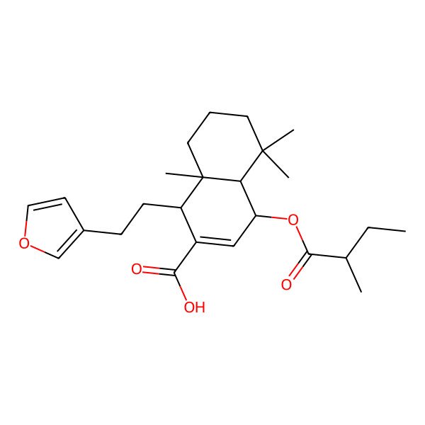 2D Structure of (1R,4R,4aS,8aR)-1-[2-(furan-3-yl)ethyl]-5,5,8a-trimethyl-4-[(2R)-2-methylbutanoyl]oxy-1,4,4a,6,7,8-hexahydronaphthalene-2-carboxylic acid