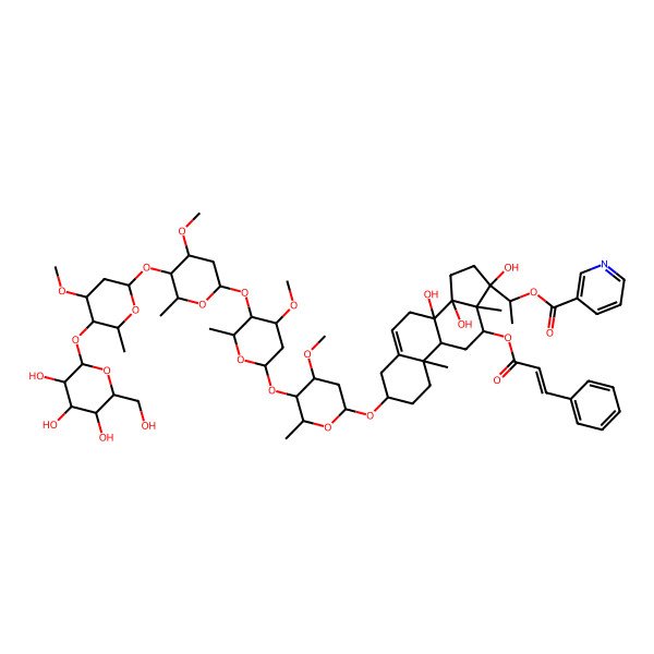 2D Structure of [(1S)-1-[(3S,8S,9R,10R,12R,13R,14R,17S)-8,14,17-trihydroxy-3-[(2R,4S,5R,6R)-4-methoxy-5-[(2S,4S,5R,6R)-4-methoxy-5-[(2S,4R,5R,6R)-4-methoxy-5-[(2S,4R,5R,6R)-4-methoxy-6-methyl-5-[(2S,3R,4S,5S,6R)-3,4,5-trihydroxy-6-(hydroxymethyl)oxan-2-yl]oxyoxan-2-yl]oxy-6-methyloxan-2-yl]oxy-6-methyloxan-2-yl]oxy-6-methyloxan-2-yl]oxy-10,13-dimethyl-12-[(E)-3-phenylprop-2-enoyl]oxy-1,2,3,4,7,9,11,12,15,16-decahydrocyclopenta[a]phenanthren-17-yl]ethyl] pyridine-3-carboxylate
