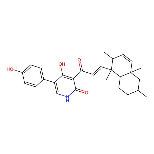 2D Structure of 3-[3-(1,2,4a,6-tetramethyl-2,5,6,7,8,8a-hexahydronaphthalen-1-yl)prop-2-enoyl]-4-hydroxy-5-(4-hydroxyphenyl)-1H-pyridin-2-one
