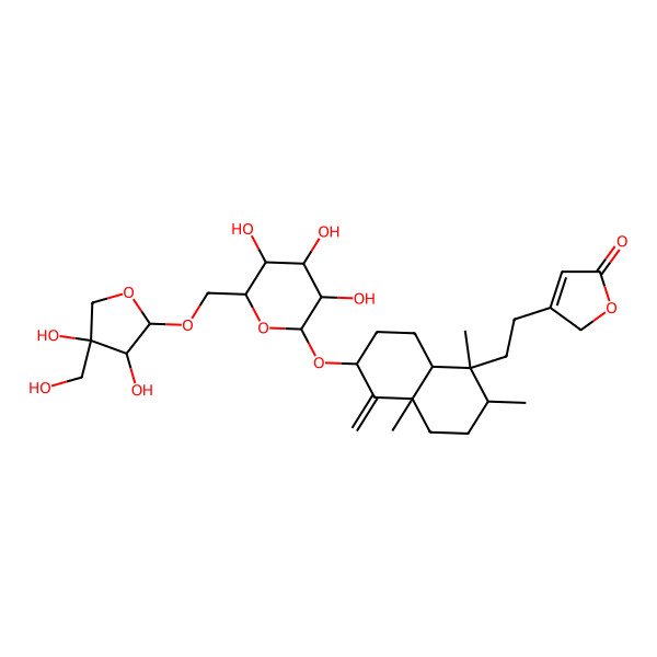 2D Structure of 3-[2-[(1S,2R,4aR,6R,8aR)-6-[(2R,3R,4S,5S,6R)-6-[[(2R,3R,4R)-3,4-dihydroxy-4-(hydroxymethyl)oxolan-2-yl]oxymethyl]-3,4,5-trihydroxyoxan-2-yl]oxy-1,2,4a-trimethyl-5-methylidene-3,4,6,7,8,8a-hexahydro-2H-naphthalen-1-yl]ethyl]-2H-furan-5-one