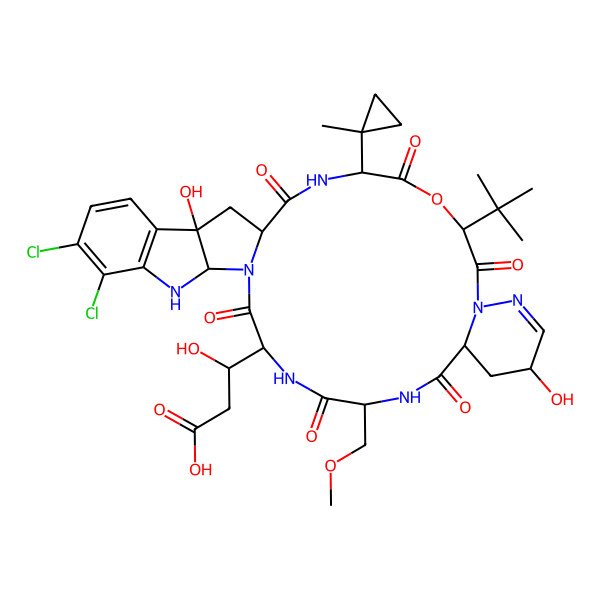 2D Structure of (3R)-3-[(1S,4R,7S,14S,17S,20R,23S,31R)-7-tert-butyl-26,27-dichloro-12,31-dihydroxy-17-(methoxymethyl)-4-(1-methylcyclopropyl)-2,5,8,15,18,21-hexaoxo-6-oxa-3,9,10,16,19,22,24-heptazapentacyclo[20.10.0.09,14.023,31.025,30]dotriaconta-10,25(30),26,28-tetraen-20-yl]-3-hydroxypropanoic acid