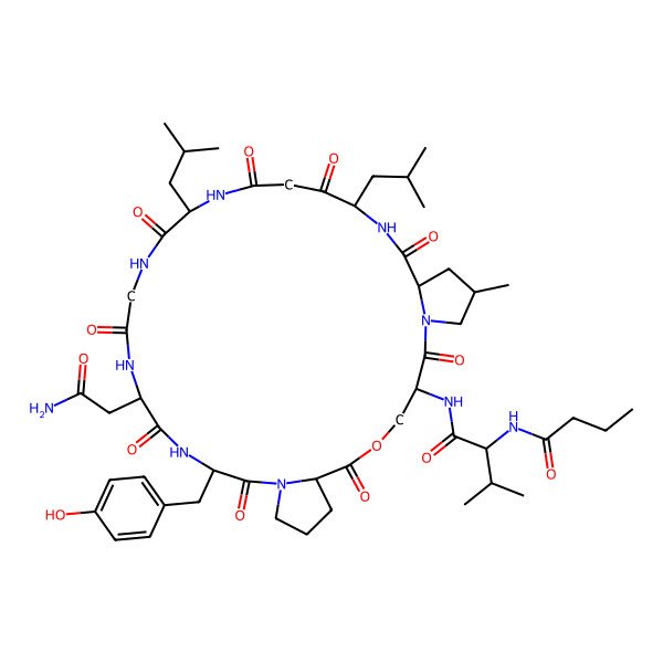 2D Structure of N-[16-(2-amino-2-oxoethyl)-13-[(4-hydroxyphenyl)methyl]-32-methyl-22,27-bis(2-methylpropyl)-2,6,12,15,18,21,24,26,29-nonaoxo-5-oxa-1,11,14,17,20,23,28-heptazatricyclo[28.3.0.07,11]tritriacontan-3-yl]-2-(butanoylamino)-3-methylbutanamide