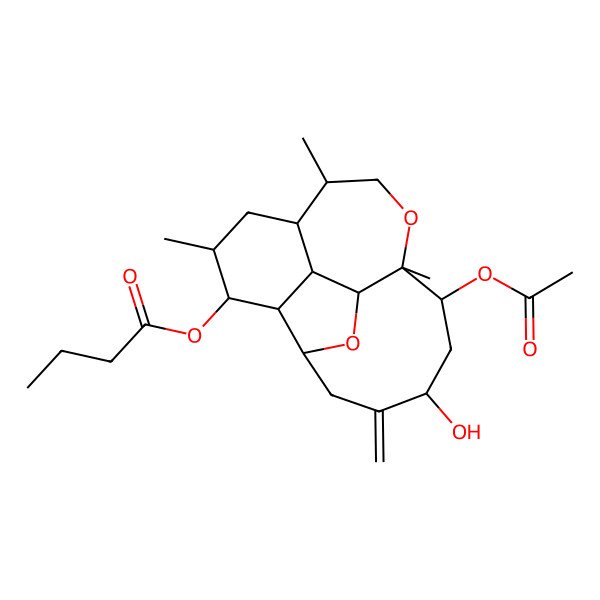 2D Structure of (12-Acetyloxy-14-hydroxy-5,8,11-trimethyl-15-methylidene-10,18-dioxatetracyclo[9.7.0.02,7.03,17]octadecan-4-yl) butanoate