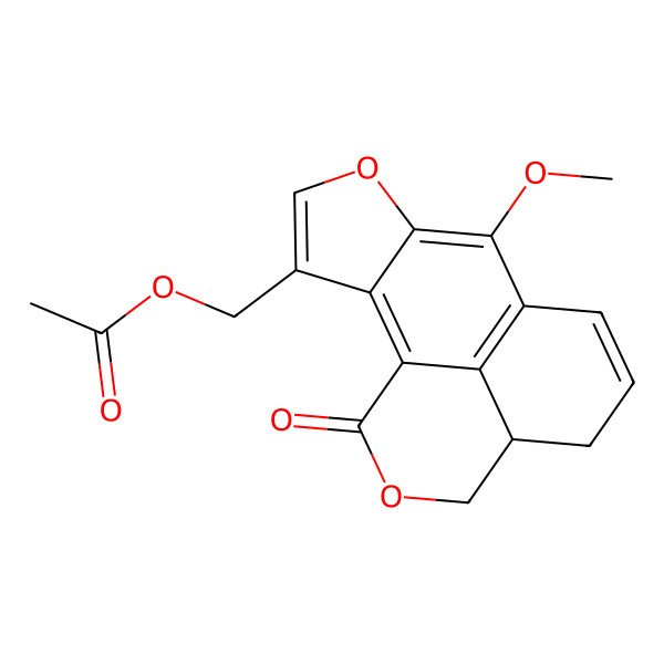 2D Structure of (15-Methoxy-8-oxo-7,13-dioxatetracyclo[7.6.1.05,16.010,14]hexadeca-1(16),2,9,11,14-pentaen-11-yl)methyl acetate
