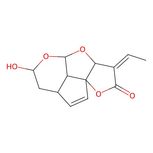 2D Structure of (1R,4R,6S,8R,10S,11E,14S)-11-ethylidene-6-hydroxy-7,9,13-trioxatetracyclo[6.5.1.01,10.04,14]tetradec-2-en-12-one