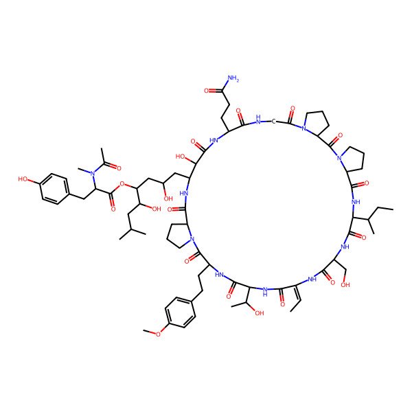2D Structure of [(2R,4S,5S)-1-[(3S,12R,15S,16R,19S,25S,28S,31E,34S,37R,40S)-12-(3-amino-3-oxopropyl)-37-[(2S)-butan-2-yl]-31-ethylidene-15-hydroxy-28-[(1R)-1-hydroxyethyl]-34-(hydroxymethyl)-25-[2-(4-methoxyphenyl)ethyl]-2,8,11,14,18,24,27,30,33,36,39-undecaoxo-1,7,10,13,17,23,26,29,32,35,38-undecazatetracyclo[38.3.0.03,7.019,23]tritetracontan-16-yl]-2,5-dihydroxy-7-methyloctan-4-yl] (2S)-2-[acetyl(methyl)amino]-3-(4-hydroxyphenyl)propanoate