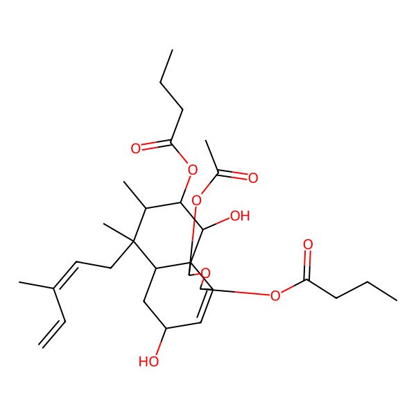 2D Structure of [(1S,3R,5R,6aS,7S,8S,9R,10R,10aS)-1-acetyloxy-3-butanoyloxy-5,10-dihydroxy-7,8-dimethyl-7-[(2Z)-3-methylpenta-2,4-dienyl]-1,3,5,6,6a,8,9,10-octahydrobenzo[d][2]benzofuran-9-yl] butanoate