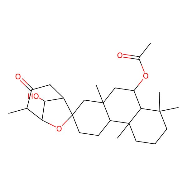 2D Structure of (8'-Hydroxy-4',4b,8,8,10a-pentamethyl-3'-oxospiro[1,3,4,4a,5,6,7,8a,9,10-decahydrophenanthrene-2,7'-6-oxabicyclo[3.2.1]octane]-9-yl) acetate