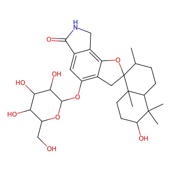 2D Structure of 3-hydroxy-4,4,7,8a-tetramethyl-4'-[3,4,5-trihydroxy-6-(hydroxymethyl)oxan-2-yl]oxyspiro[2,3,4a,5,6,7-hexahydro-1H-naphthalene-8,2'-7,8-dihydro-3H-furo[2,3-e]isoindole]-6'-one
