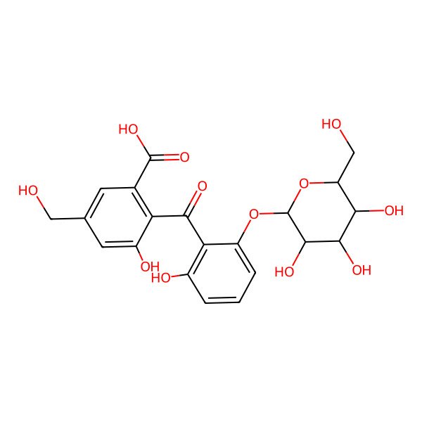 2D Structure of 3-hydroxy-5-(hydroxymethyl)-2-[2-hydroxy-6-[(2S,3R,4S,5S,6R)-3,4,5-trihydroxy-6-(hydroxymethyl)oxan-2-yl]oxybenzoyl]benzoic acid