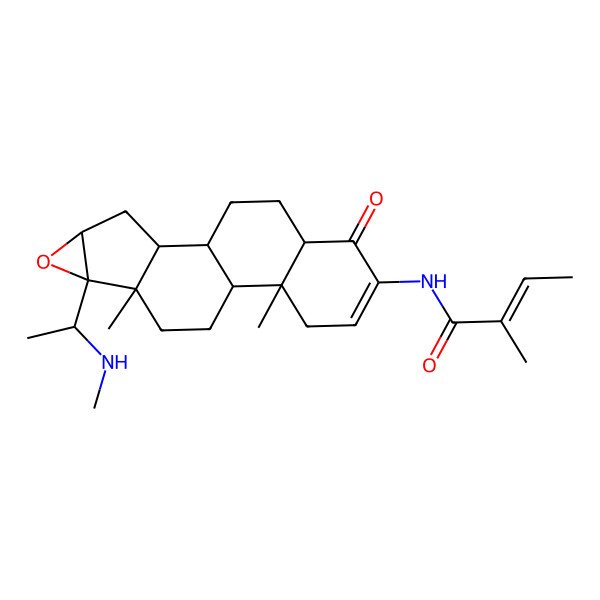 2D Structure of (E)-N-[(1R,2S,4R,6R,7S,10S,11R,16R)-7,11-dimethyl-6-[(1S)-1-(methylamino)ethyl]-15-oxo-5-oxapentacyclo[8.8.0.02,7.04,6.011,16]octadec-13-en-14-yl]-2-methylbut-2-enamide