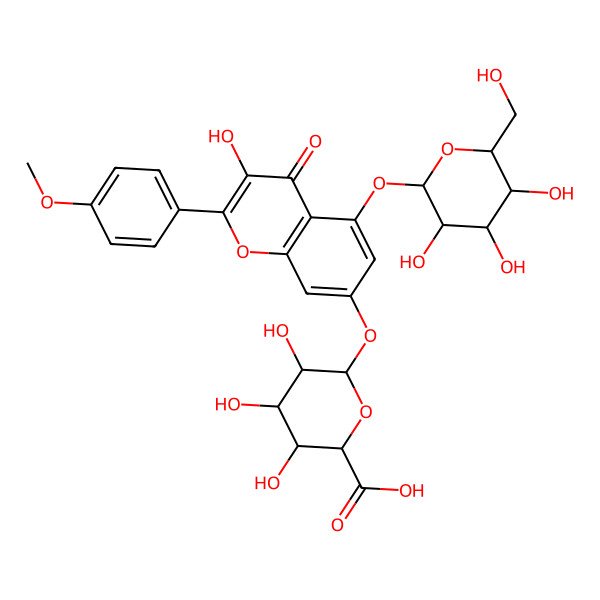 2D Structure of (2R,3S,4S,5R,6S)-3,4,5-trihydroxy-6-[3-hydroxy-2-(4-methoxyphenyl)-4-oxo-5-[(2S,3R,4S,5S,6S)-3,4,5-trihydroxy-6-(hydroxymethyl)oxan-2-yl]oxychromen-7-yl]oxyoxane-2-carboxylic acid