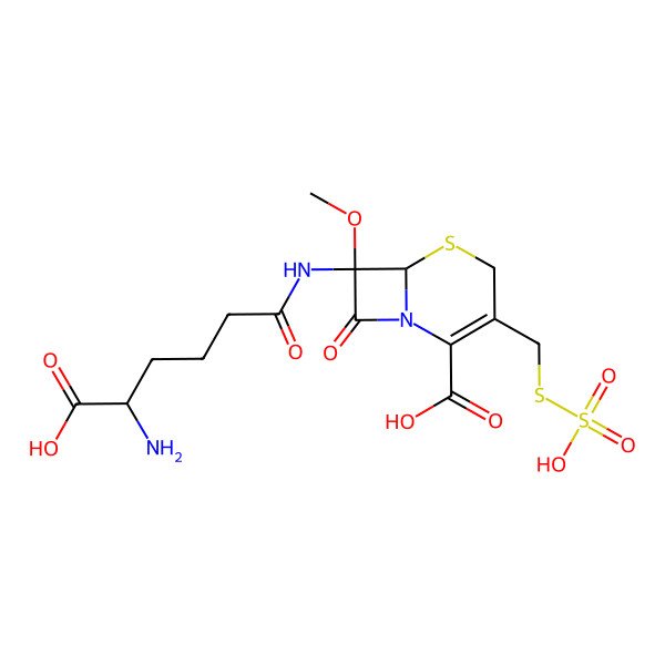 2D Structure of (7S)-7-[[(5R)-5-amino-5-carboxypentanoyl]amino]-7-methoxy-8-oxo-3-(sulfosulfanylmethyl)-5-thia-1-azabicyclo[4.2.0]oct-2-ene-2-carboxylic acid