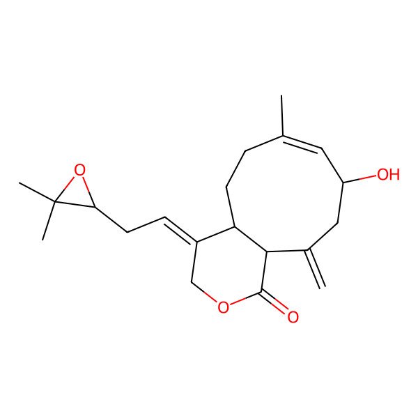2D Structure of 4-[2-(3,3-Dimethyloxiran-2-yl)ethylidene]-9-hydroxy-7-methyl-11-methylidene-4a,5,6,9,10,11a-hexahydrocyclonona[c]pyran-1-one
