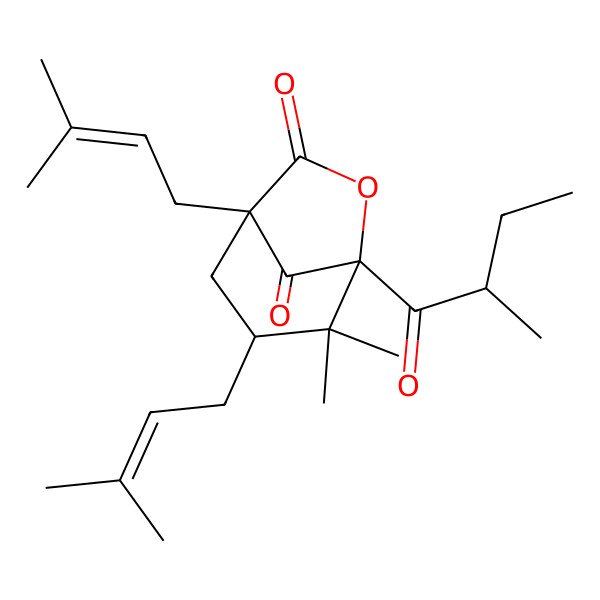 2D Structure of (1S,3S,5S)-4,4-dimethyl-5-[(2S)-2-methylbutanoyl]-1,3-bis(3-methylbut-2-enyl)-6-oxabicyclo[3.2.1]octane-7,8-dione