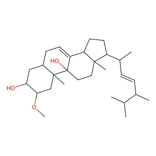2D Structure of 17-(5,6-Dimethylhept-3-en-2-yl)-2-methoxy-10,13-dimethyl-1,2,3,4,5,6,11,12,14,15,16,17-dodecahydrocyclopenta[a]phenanthrene-3,9-diol