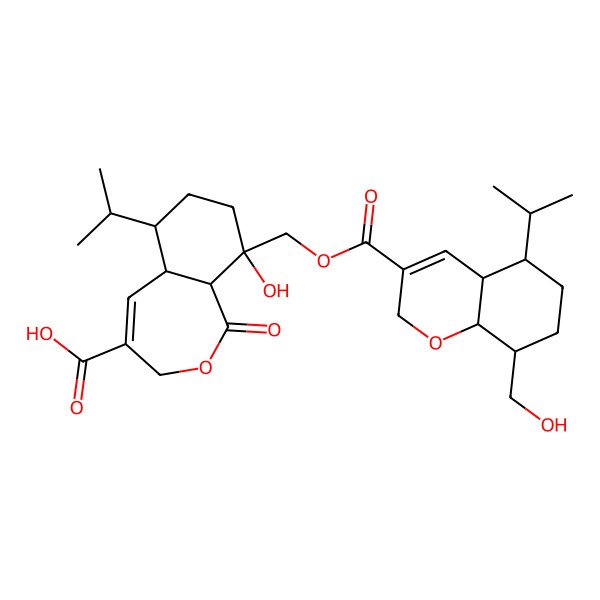 2D Structure of 9-hydroxy-9-[[8-(hydroxymethyl)-5-propan-2-yl-4a,5,6,7,8,8a-hexahydro-2H-chromene-3-carbonyl]oxymethyl]-1-oxo-6-propan-2-yl-3,5a,6,7,8,9a-hexahydro-2-benzoxepine-4-carboxylic acid