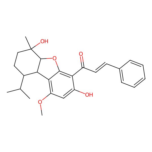 2D Structure of 1-[(5aS,6R,9S,9aR)-3,6-dihydroxy-1-methoxy-6-methyl-9-propan-2-yl-7,8,9,9a-tetrahydro-5aH-dibenzofuran-4-yl]-3-phenylprop-2-en-1-one