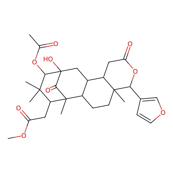 2D Structure of methyl 2-[(1R,2S,5R,6R,10S,11S,13R,14S,16S)-14-acetyloxy-6-(furan-3-yl)-13-hydroxy-1,5,15,15-tetramethyl-8,17-dioxo-7-oxatetracyclo[11.3.1.02,11.05,10]heptadecan-16-yl]acetate