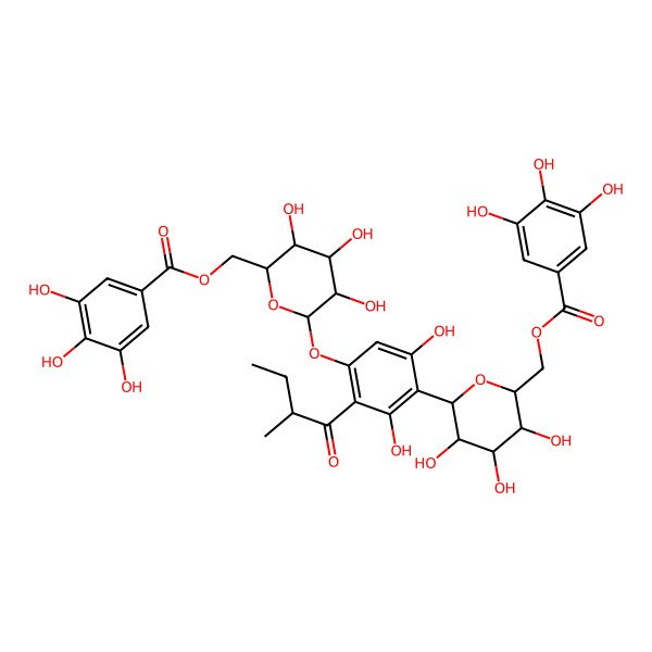 2D Structure of [(2R,3S,4R,5R,6S)-6-[2,6-dihydroxy-3-[(2R)-2-methylbutanoyl]-4-[(2S,3R,4S,5S,6R)-3,4,5-trihydroxy-6-[(3,4,5-trihydroxybenzoyl)oxymethyl]oxan-2-yl]oxyphenyl]-3,4,5-trihydroxyoxan-2-yl]methyl 3,4,5-trihydroxybenzoate