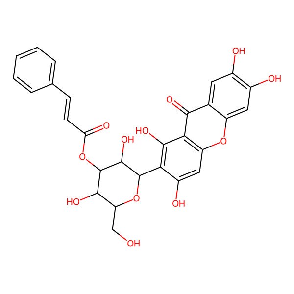 2D Structure of [(2R,3R,4R,5S,6S)-3,5-dihydroxy-2-(hydroxymethyl)-6-(1,3,6,7-tetrahydroxy-9-oxoxanthen-2-yl)oxan-4-yl] (E)-3-phenylprop-2-enoate