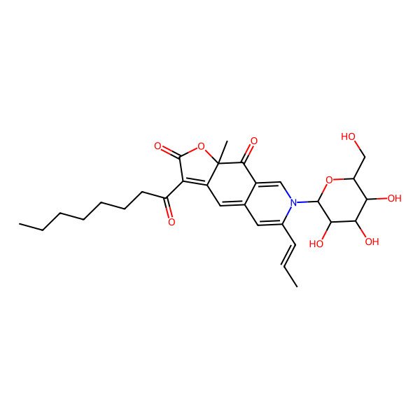 2D Structure of (9aR)-9a-methyl-3-octanoyl-6-[(E)-prop-1-enyl]-7-[(3R,4S,5S,6R)-3,4,5-trihydroxy-6-(hydroxymethyl)oxan-2-yl]furo[3,2-g]isoquinoline-2,9-dione