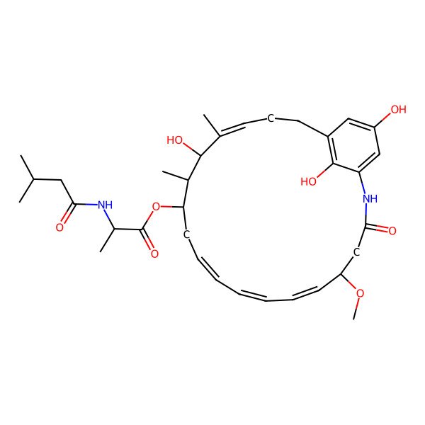 2D Structure of [(5R,6E,8E,10E,13S,14S,15R,16E)-15,22,24-trihydroxy-5-methoxy-14,16-dimethyl-3-oxo-2-azabicyclo[18.3.1]tetracosa-1(23),6,8,10,16,20(24),21-heptaen-13-yl] (2R)-2-(3-methylbutanoylamino)propanoate