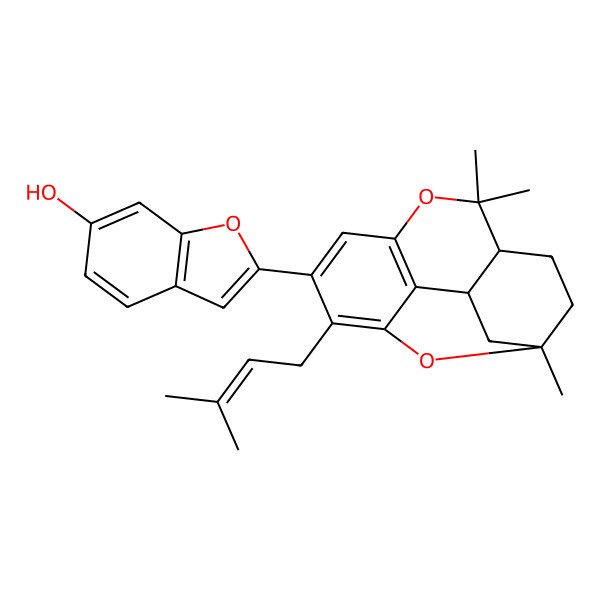2D Structure of 2-[1,5,5-Trimethyl-10-(3-methylbut-2-enyl)-6,15-dioxatetracyclo[9.3.1.04,13.07,12]pentadeca-7(12),8,10-trien-9-yl]-1-benzofuran-6-ol
