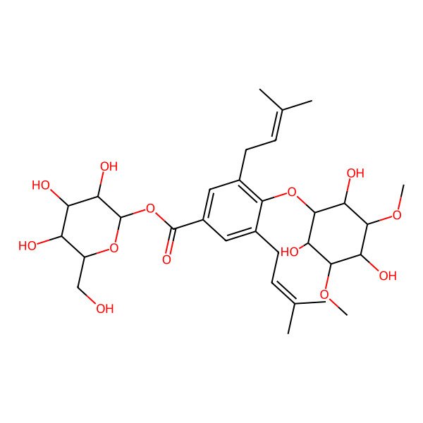 2D Structure of [3,4,5-Trihydroxy-6-(hydroxymethyl)oxan-2-yl] 3,5-bis(3-methylbut-2-enyl)-4-(2,4,6-trihydroxy-3,5-dimethoxycyclohexyl)oxybenzoate